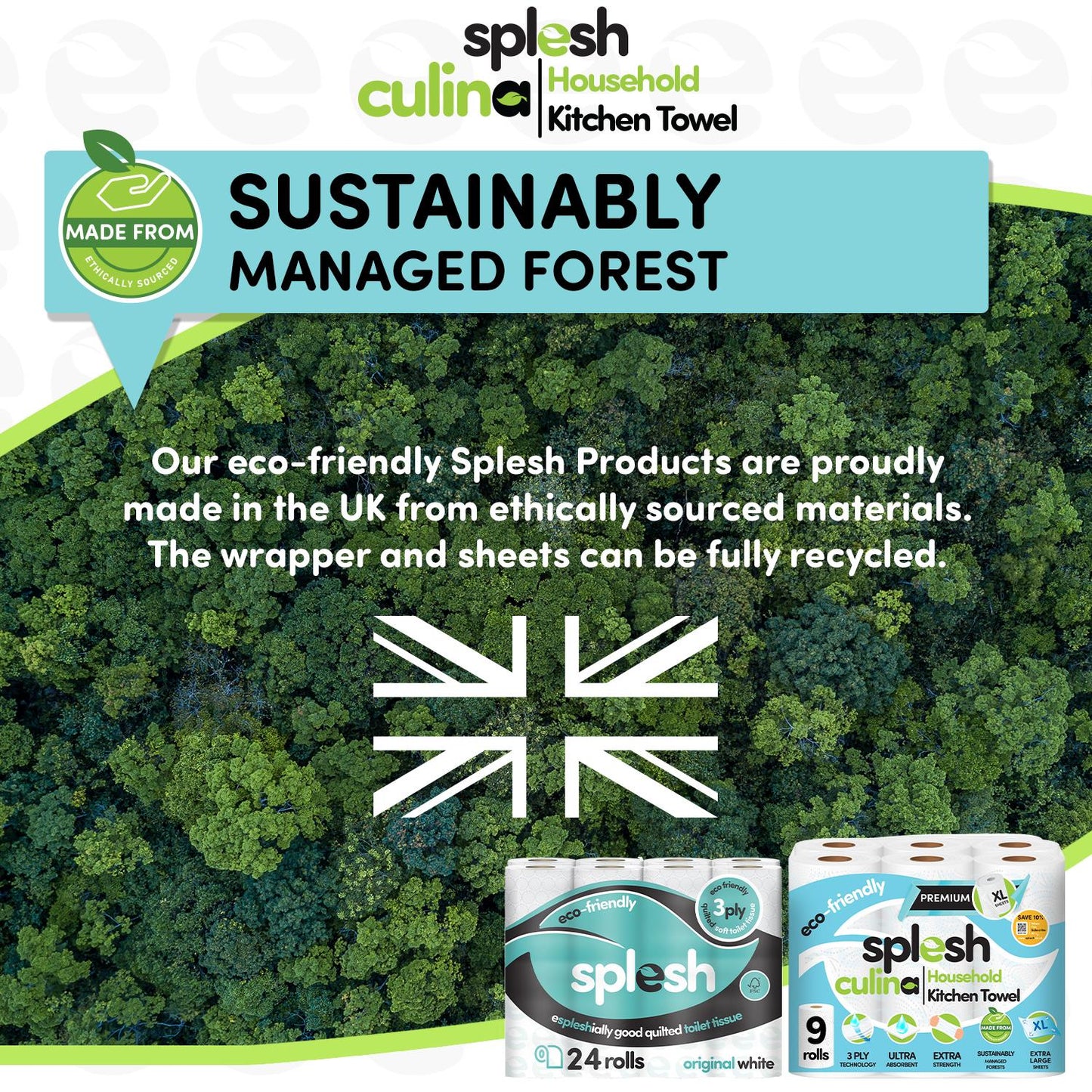 Splesh Toilet Roll Quilted White 24 Rolls with Culina Kitchen Towel 9 Rolls