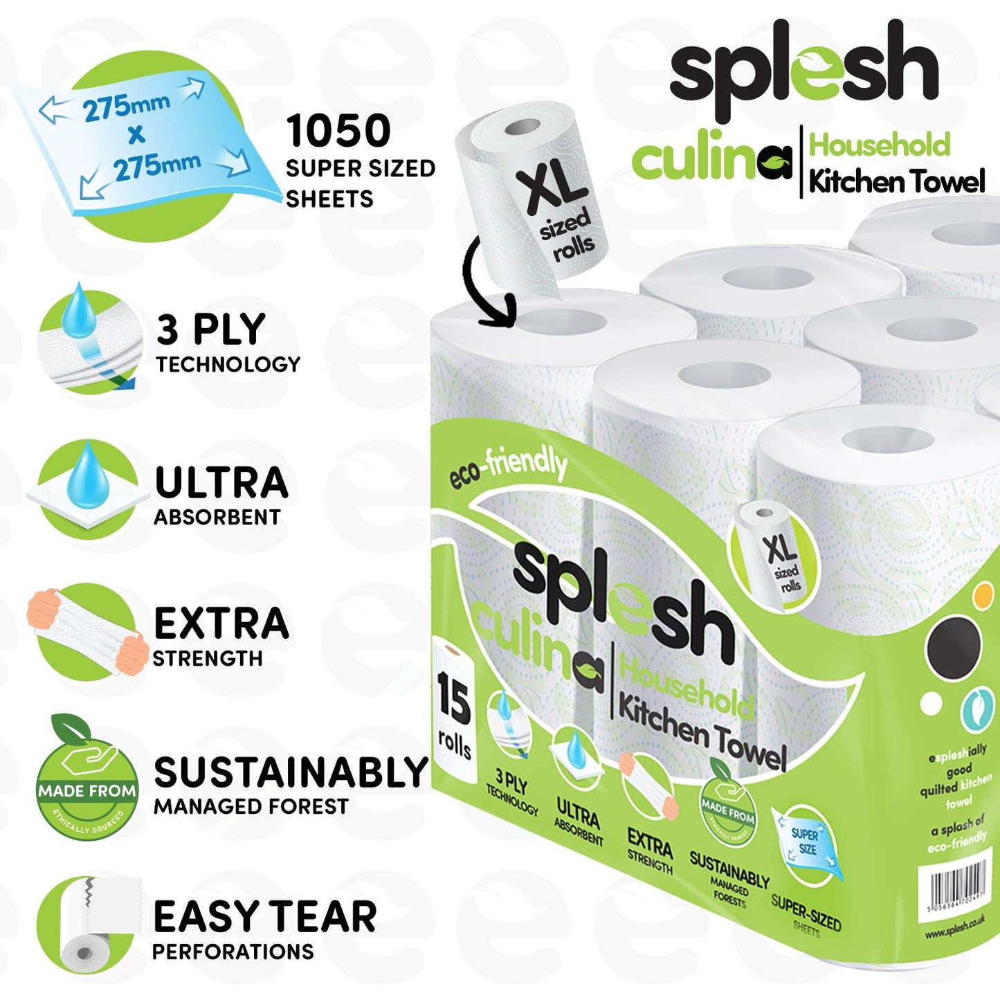 Splesh Toilet Roll Quilted White 120 Rolls with Culina Kitchen Towel 15 Rolls