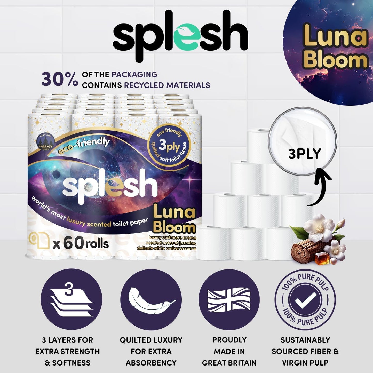Splesh Quilted Luna Bloom 3-Ply Luxury Scented Toilet Tissue Paper, 48 Rolls
