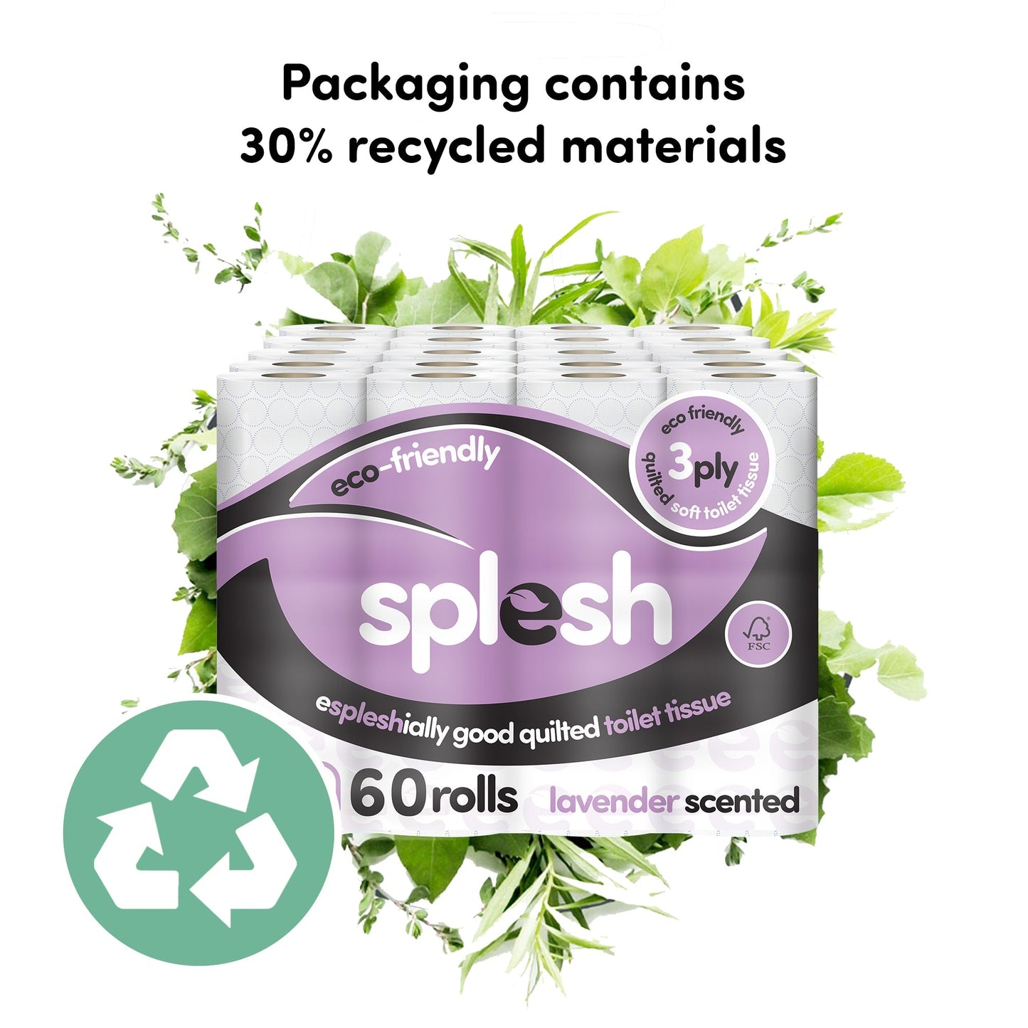 Splesh Toilet Roll, Soft & Quilted Eco-Friendly Lavender, 60 Rolls