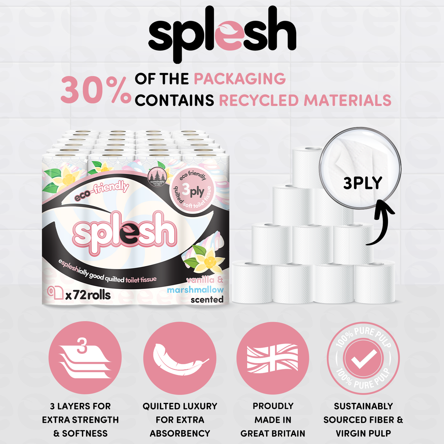 Splesh Quilted Toilet Roll Luxury Vanilla & Marshmallow 3-Ply Soft Toilet Paper, 12 Rolls