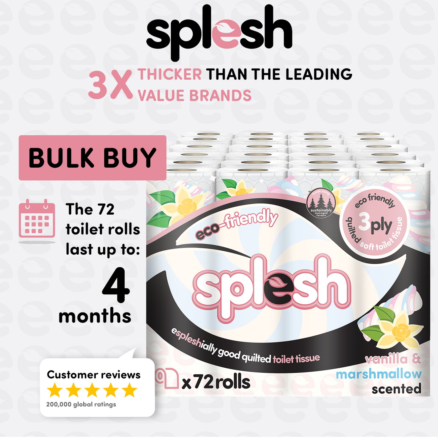 Splesh Quilted Toilet Roll Luxury Vanilla & Marshmallow 3-Ply Soft Toilet Paper, 60 Rolls