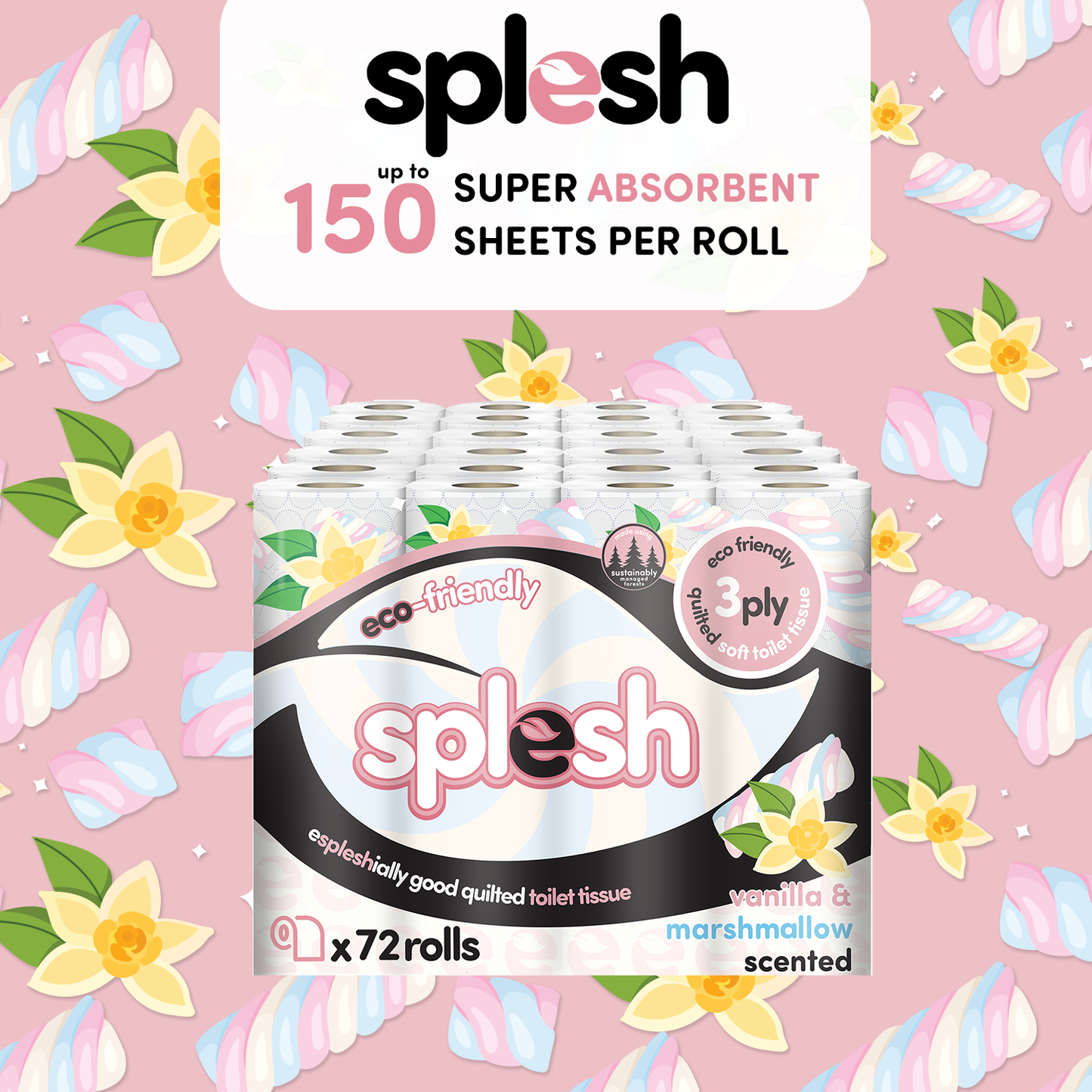 Splesh Quilted Toilet Roll Luxury Vanilla & Marshmallow 3-Ply Soft Toilet Paper, 12 Rolls