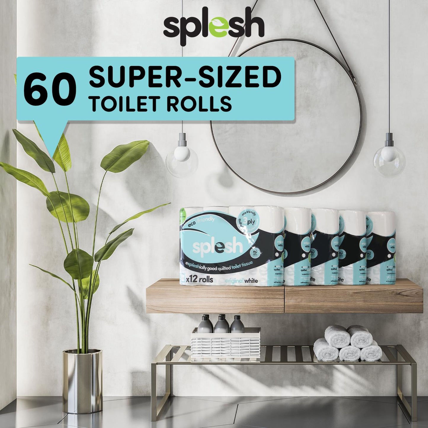 Splesh Toilet Roll Quilted White 60 Rolls with Culina Kitchen Towel 18 Rolls