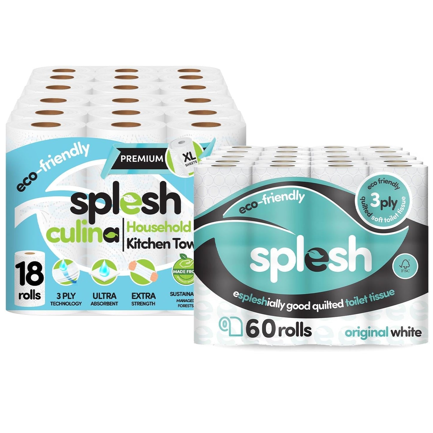 Splesh Toilet Roll Quilted White 60 Rolls with Culina Kitchen Towel 18 Rolls